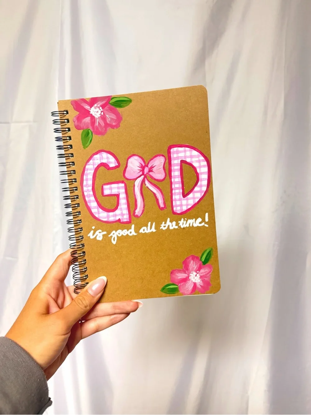 Hand-Painted Brown Spiral Notebook with Pink Floral Design